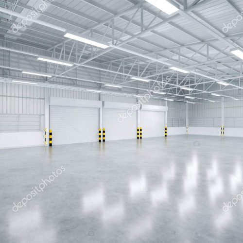 3d rendering of shutter door and concrete floor inside warehouse building for industrial background.